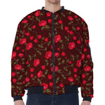 Red Rose Floral Flower Pattern Print Zip Sleeve Bomber Jacket