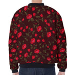 Red Rose Floral Flower Pattern Print Zip Sleeve Bomber Jacket