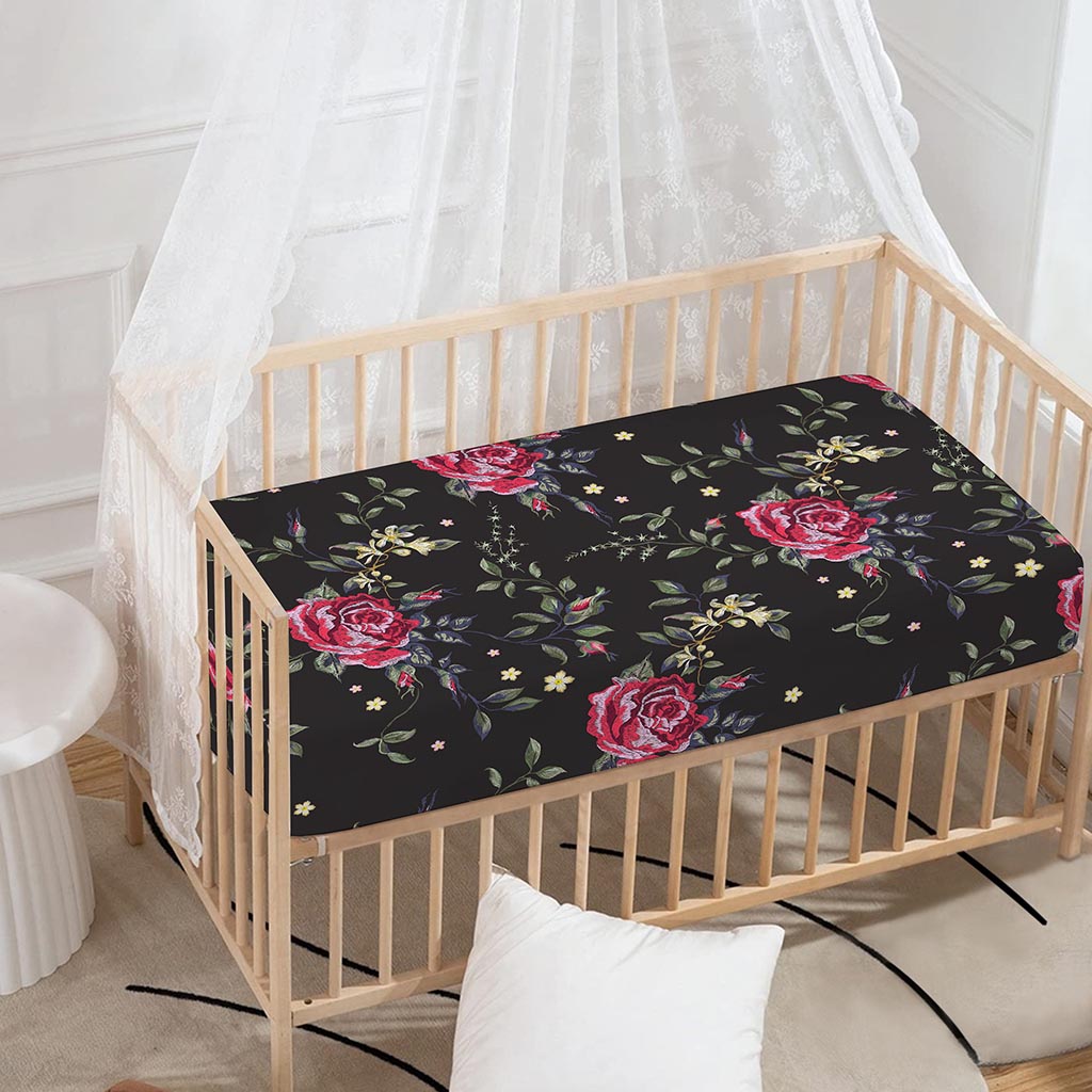 Red Rose Floral Pattern Print Baby Crib Sheet