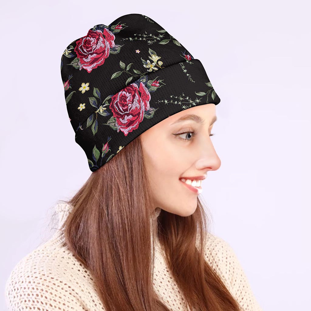 Red Rose Floral Pattern Print Beanie