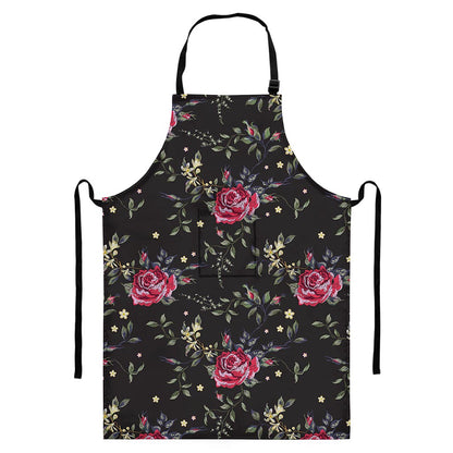 Red Rose Floral Pattern Print Bib Apron With Pocket