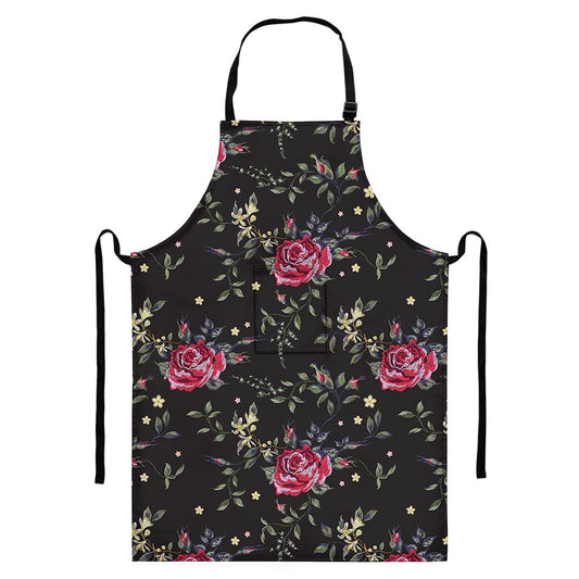 Red Rose Floral Pattern Print Bib Apron With Pocket