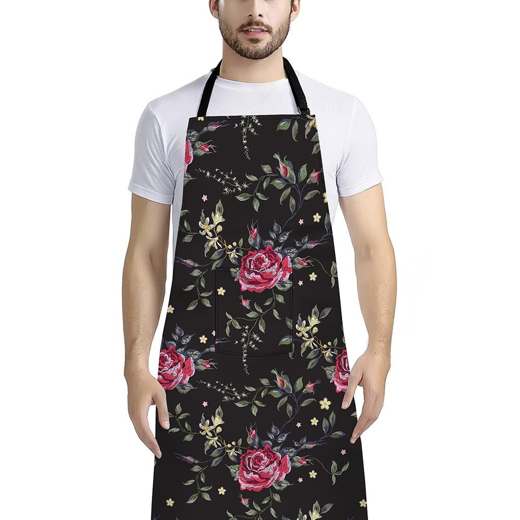 Red Rose Floral Pattern Print Bib Apron With Pocket