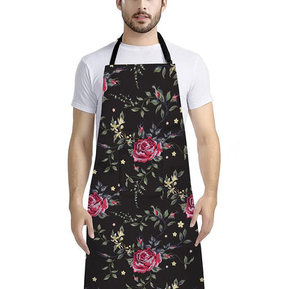 Red Rose Floral Pattern Print Bib Apron With Pocket