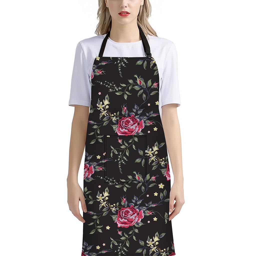 Red Rose Floral Pattern Print Bib Apron With Pocket