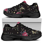Red Rose Floral Pattern Print Black Chunky Shoes