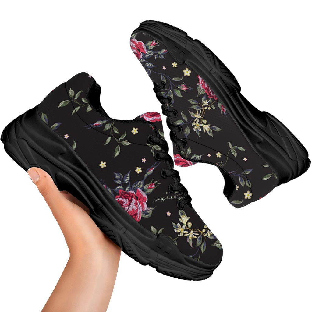 Red Rose Floral Pattern Print Black Chunky Shoes