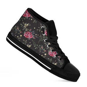 Red Rose Floral Pattern Print Black High Top Sneakers