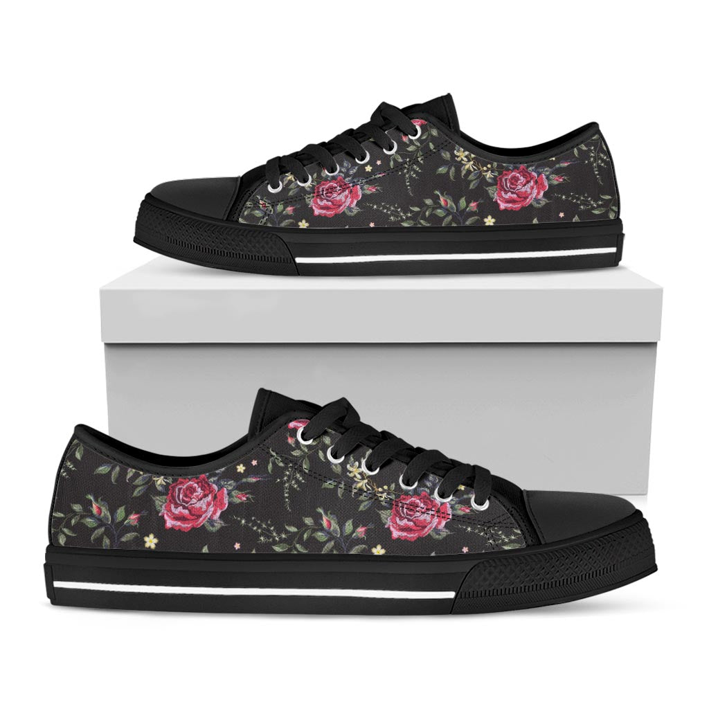 Red Rose Floral Pattern Print Black Low Top Sneakers