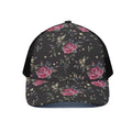 Red Rose Floral Pattern Print Black Mesh Trucker Hat