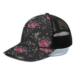 Red Rose Floral Pattern Print Black Mesh Trucker Cap