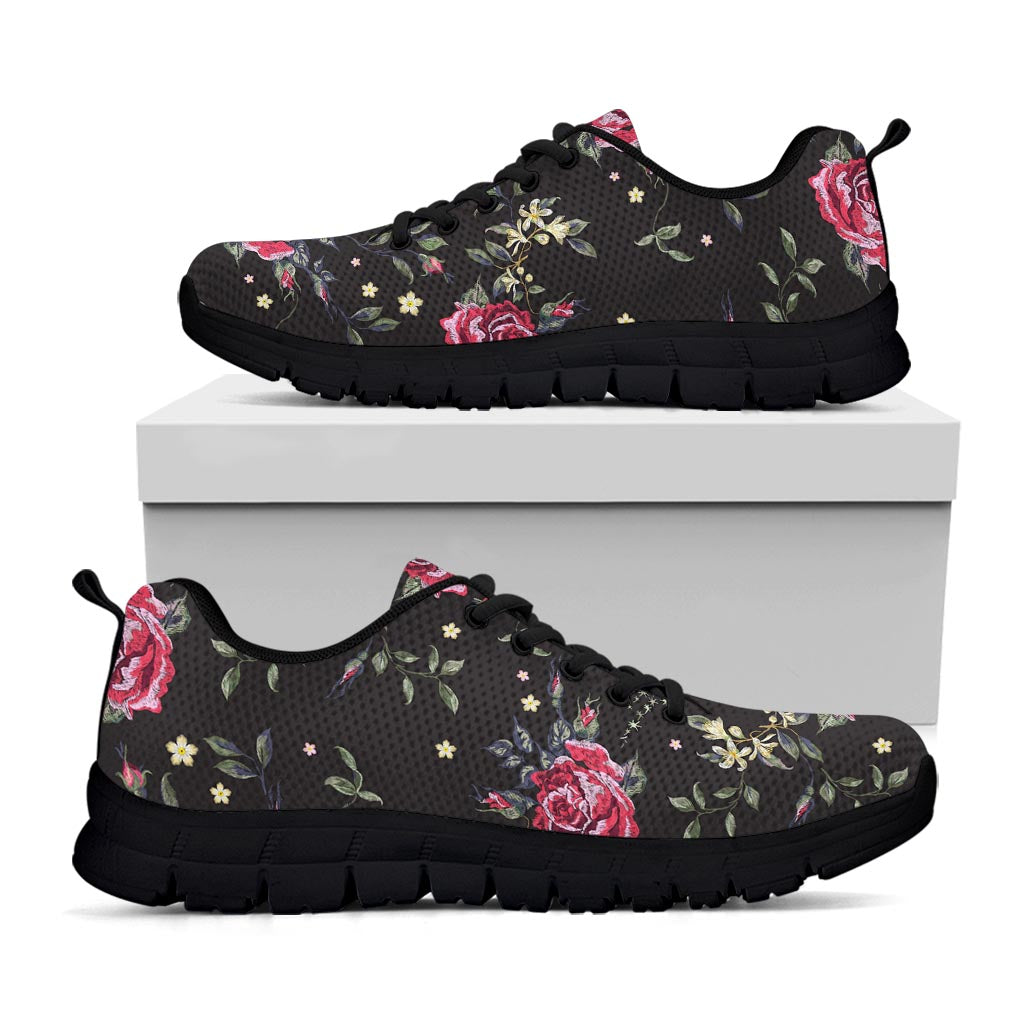 Red Rose Floral Pattern Print Black Running Shoes