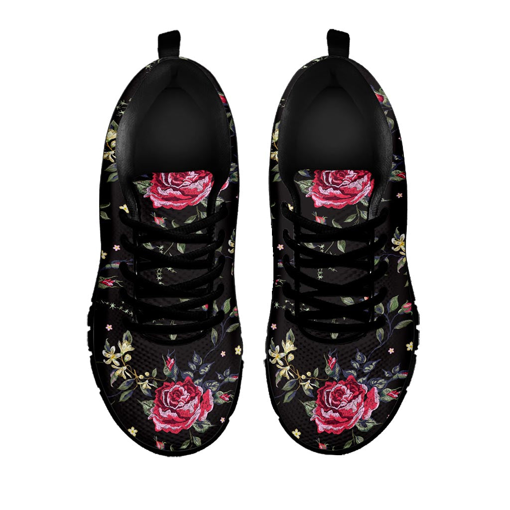 Red Rose Floral Pattern Print Black Running Shoes