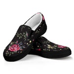 Red Rose Floral Pattern Print Black Slip On Sneakers