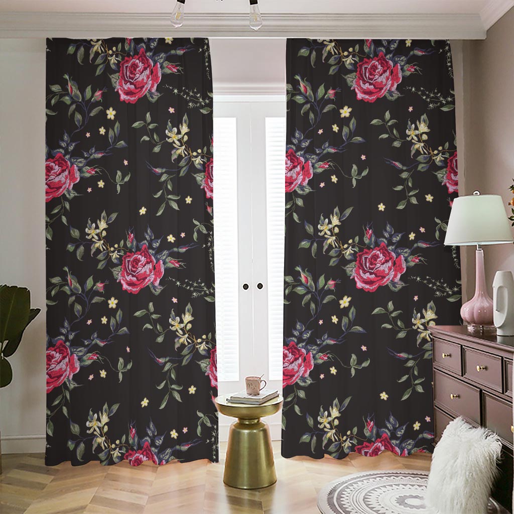 Red Rose Floral Pattern Print Blackout Pencil Pleat Curtains