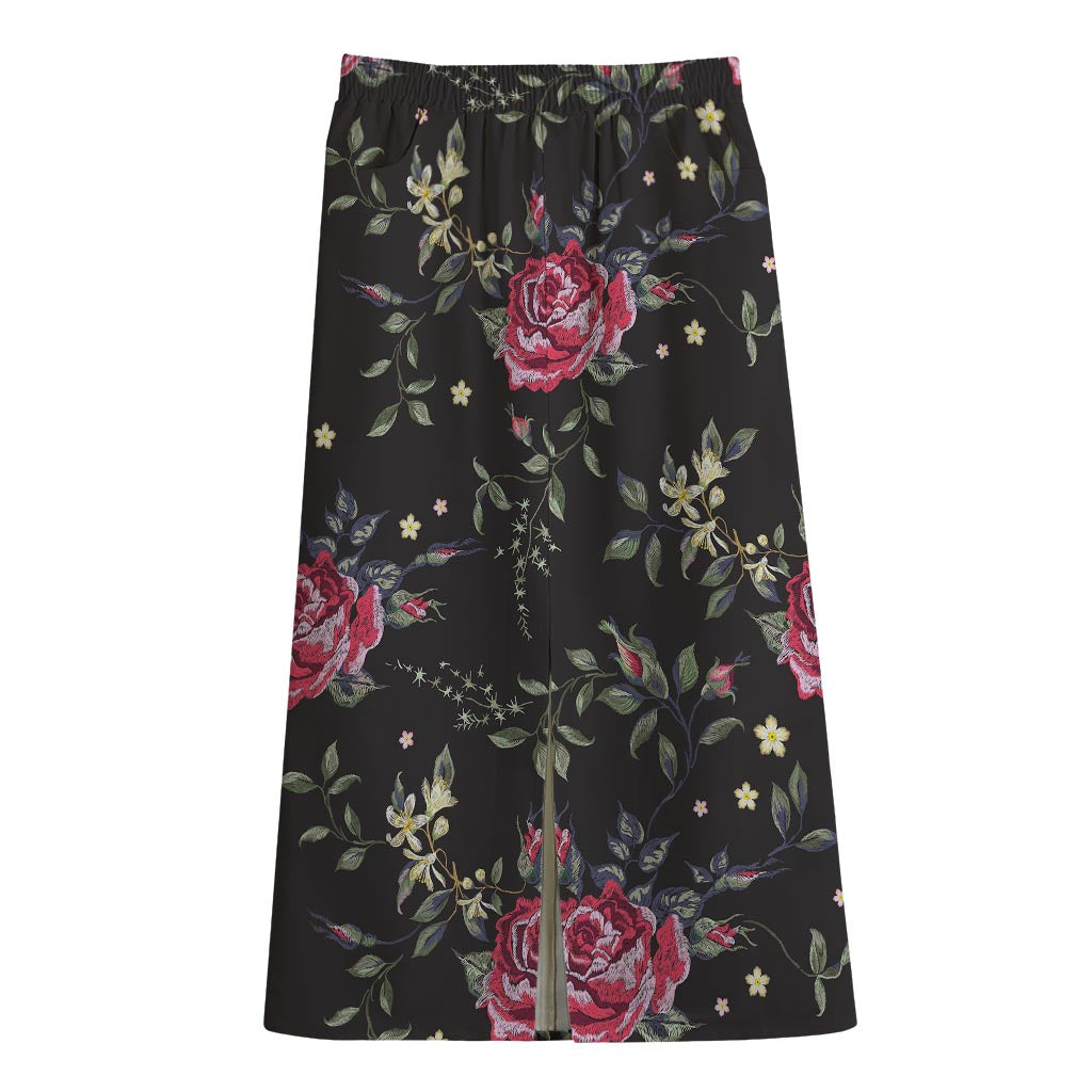 Red Rose Floral Pattern Print Cotton Front Slit Maxi Skirt