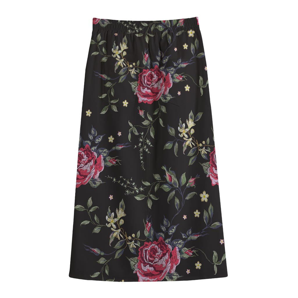 Red Rose Floral Pattern Print Cotton Front Slit Maxi Skirt