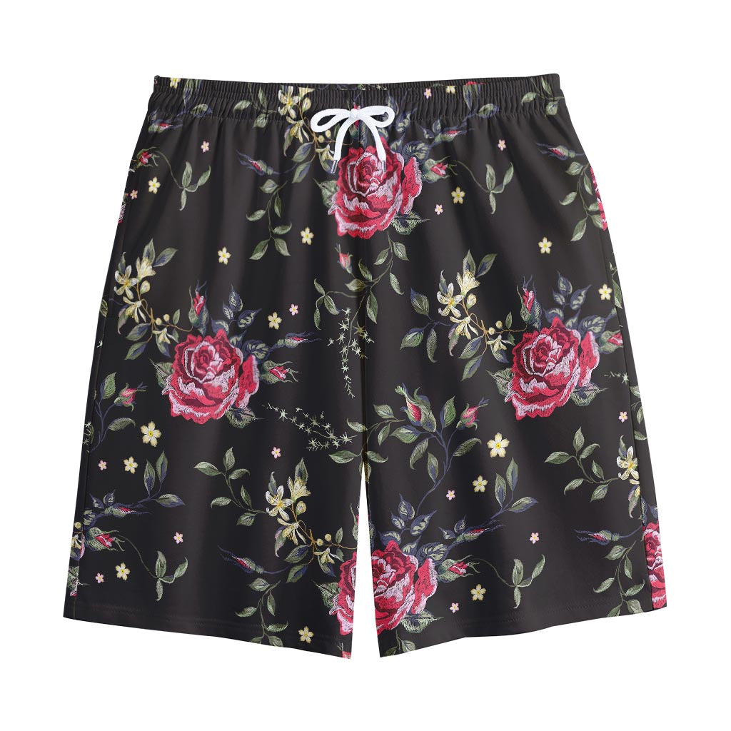 Red Rose Floral Pattern Print Cotton Shorts
