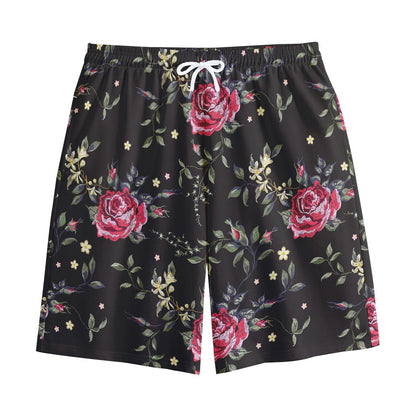 Red Rose Floral Pattern Print Cotton Shorts