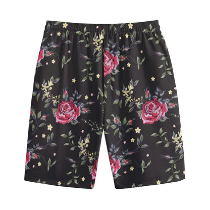 Red Rose Floral Pattern Print Cotton Shorts