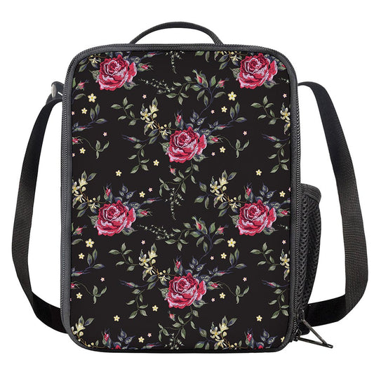 Red Rose Floral Pattern Print Crossbody Lunch Bag