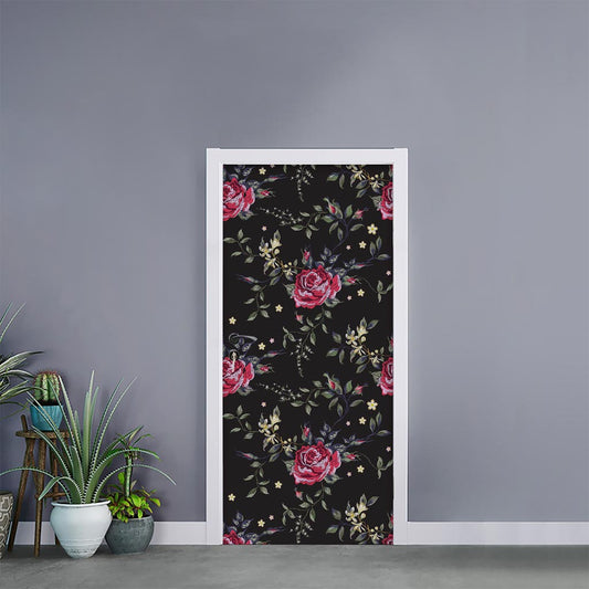 Red Rose Floral Pattern Print Door Sticker