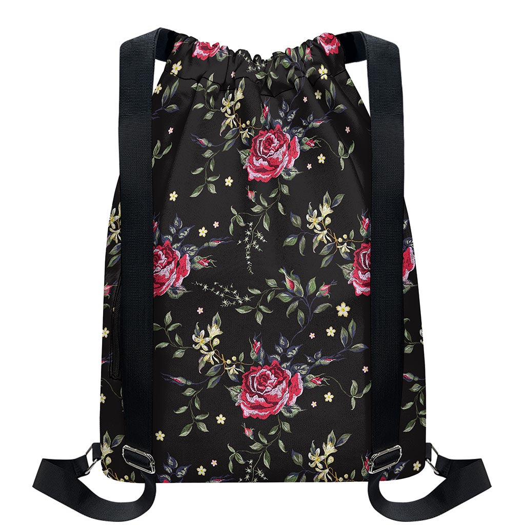 Red Rose Floral Pattern Print Drawstring Backpack