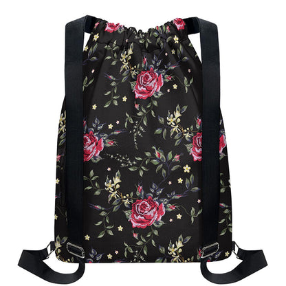 Red Rose Floral Pattern Print Drawstring Backpack