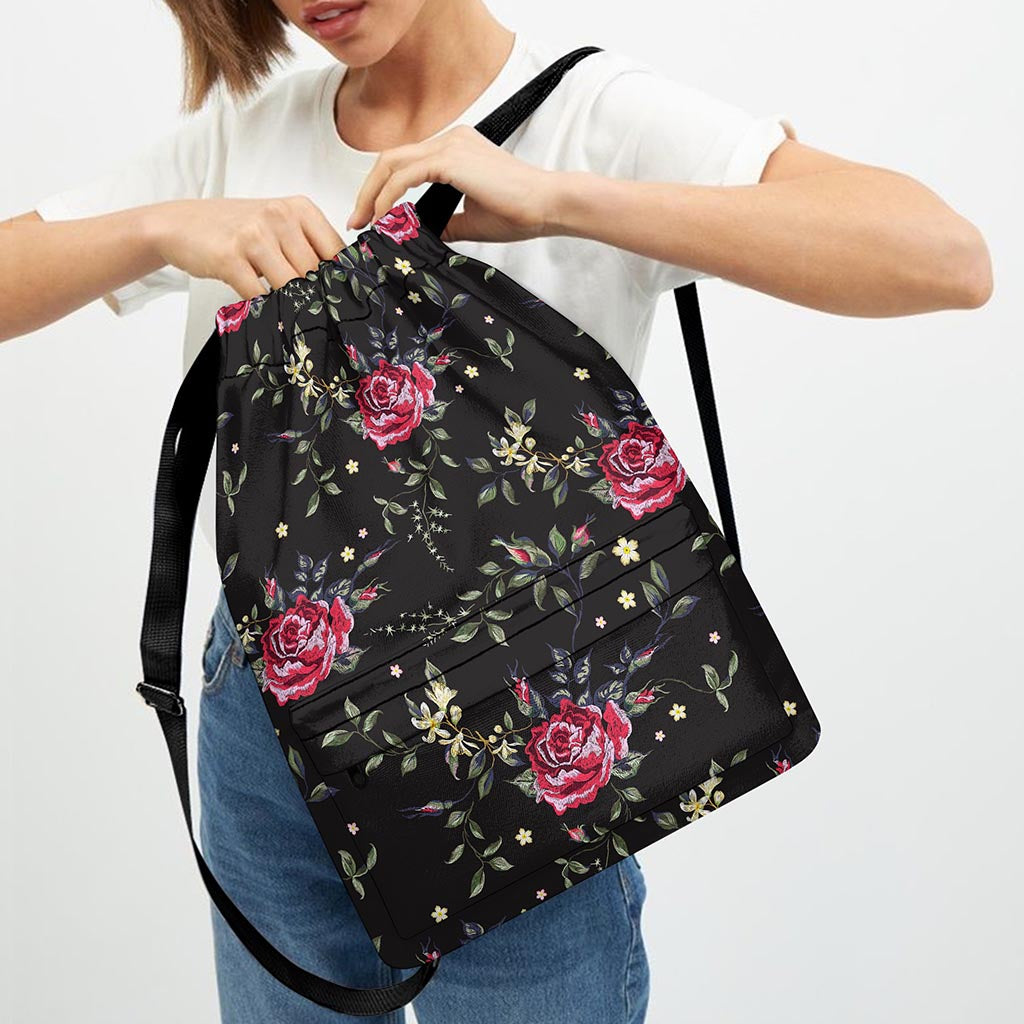 Red Rose Floral Pattern Print Drawstring Backpack