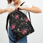 Red Rose Floral Pattern Print Drawstring Backpack