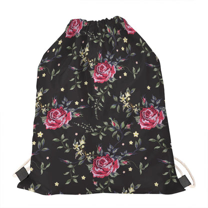 Red Rose Floral Pattern Print Drawstring Bag