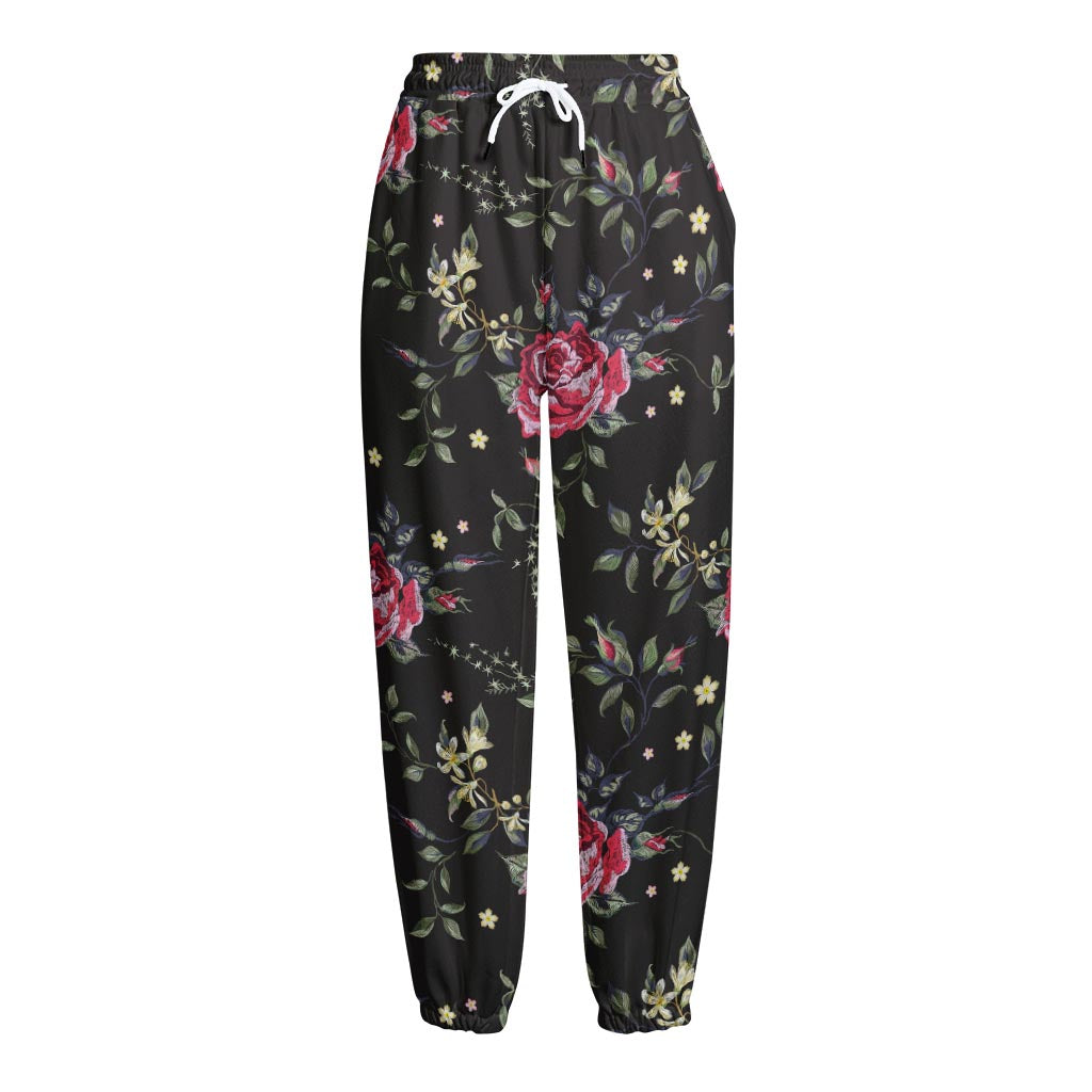 Red Rose Floral Pattern Print Fleece Lined Knit Pants