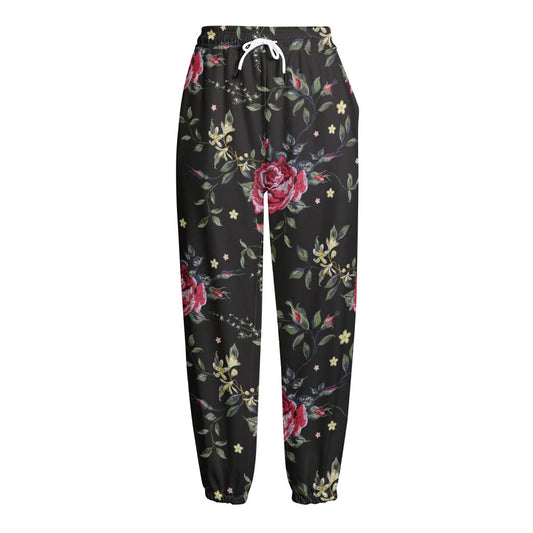 Red Rose Floral Pattern Print Fleece Lined Knit Pants