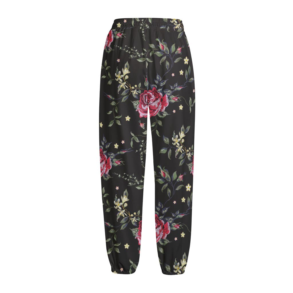 Red Rose Floral Pattern Print Fleece Lined Knit Pants