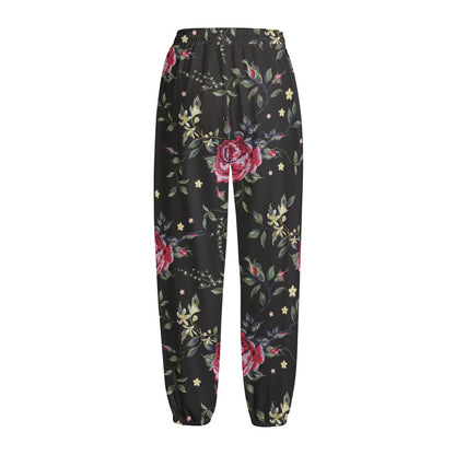 Red Rose Floral Pattern Print Fleece Lined Knit Pants