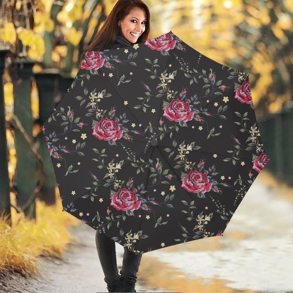 Red Rose Floral Pattern Print Foldable Umbrella