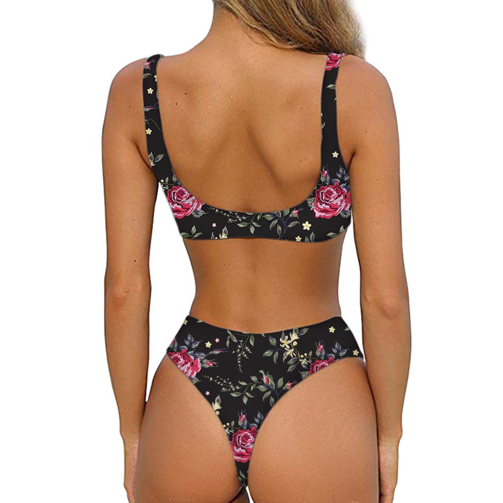 Red Rose Floral Pattern Print Front Bow Tie Bikini