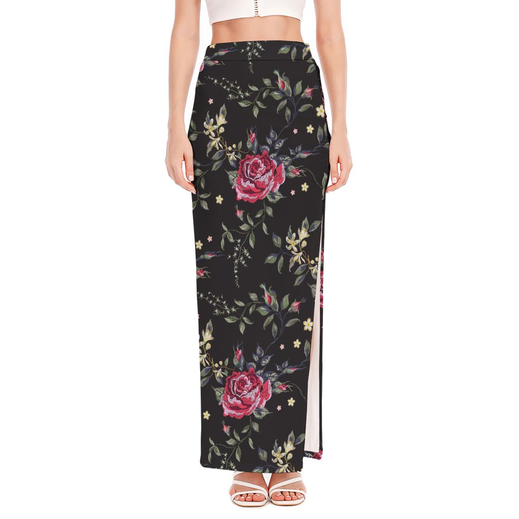Red Rose Floral Pattern Print High Slit Maxi Skirt