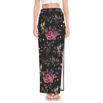Red Rose Floral Pattern Print High Slit Maxi Skirt