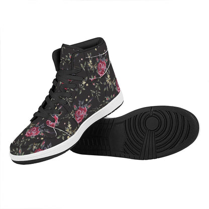 Red Rose Floral Pattern Print High Top Leather Sneakers