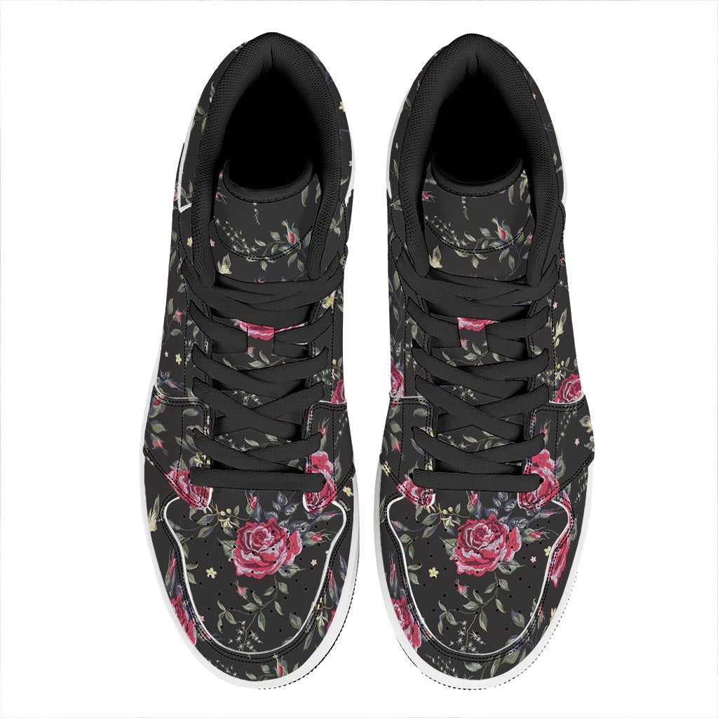 Red Rose Floral Pattern Print High Top Leather Sneakers