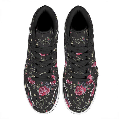 Red Rose Floral Pattern Print High Top Leather Sneakers