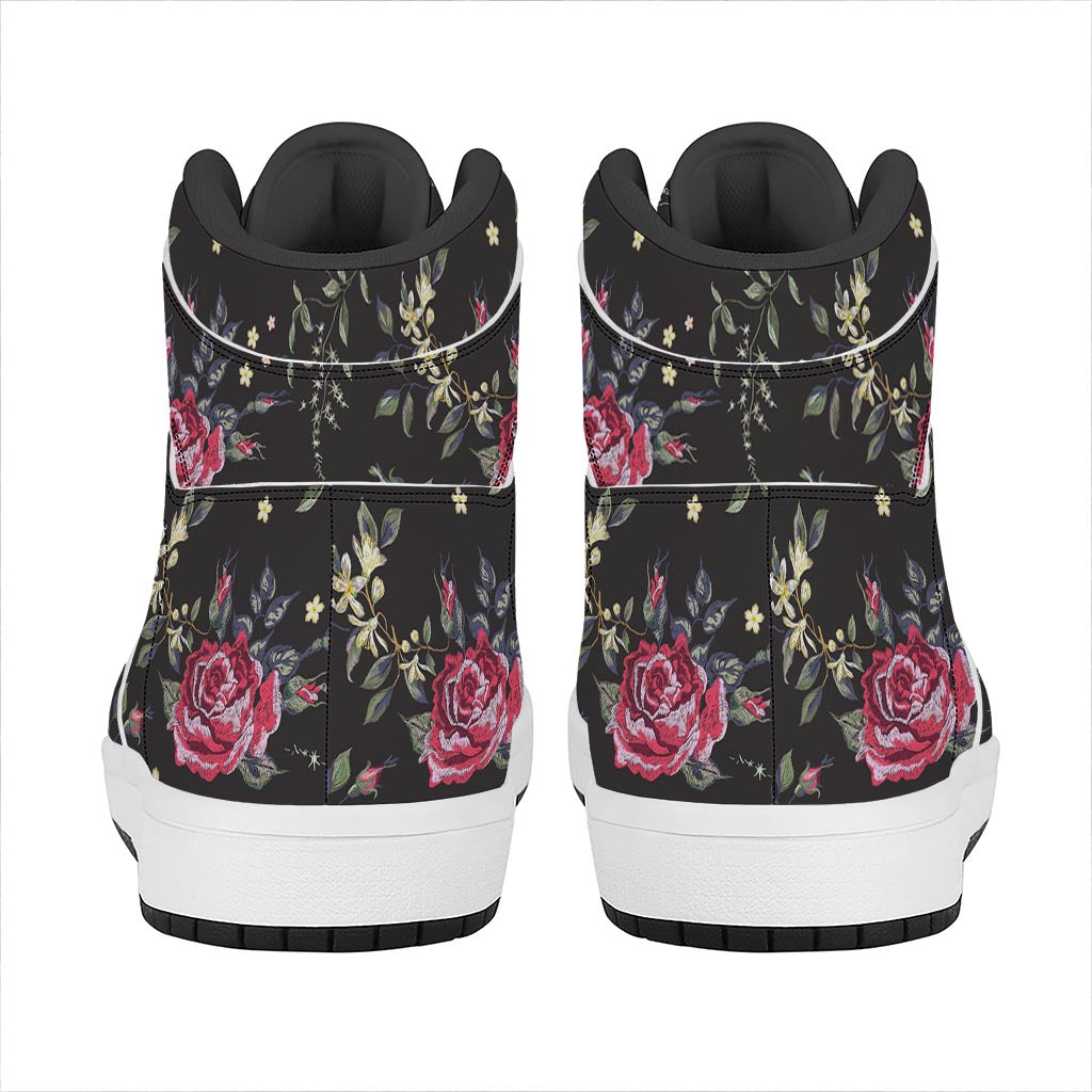 Red Rose Floral Pattern Print High Top Leather Sneakers