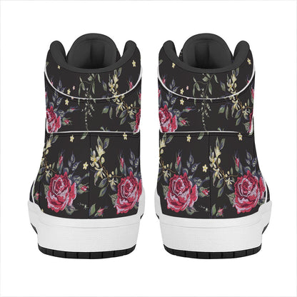 Red Rose Floral Pattern Print High Top Leather Sneakers