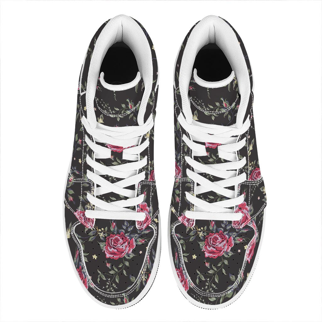 Red Rose Floral Pattern Print High Top Leather Sneakers