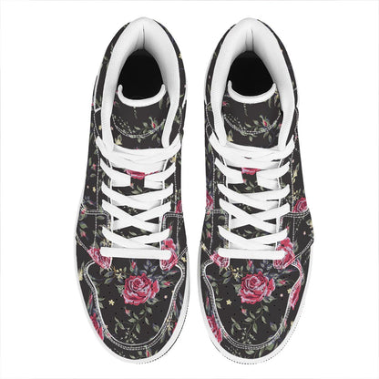 Red Rose Floral Pattern Print High Top Leather Sneakers