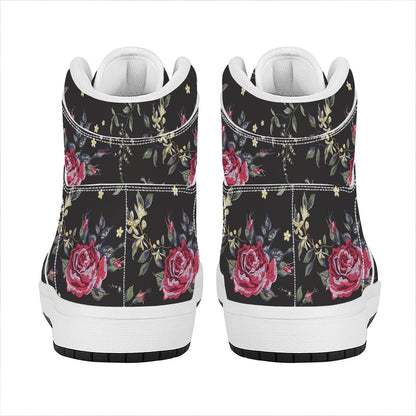 Red Rose Floral Pattern Print High Top Leather Sneakers
