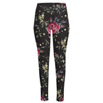 Red Rose Floral Pattern Print High-Waisted Pocket Leggings