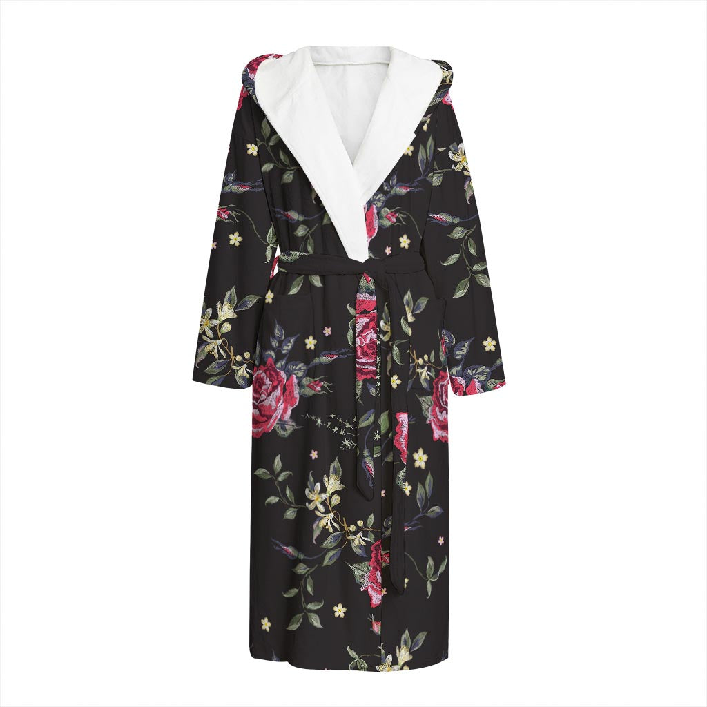 Red Rose Floral Pattern Print Hooded Bathrobe