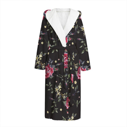 Red Rose Floral Pattern Print Hooded Bathrobe
